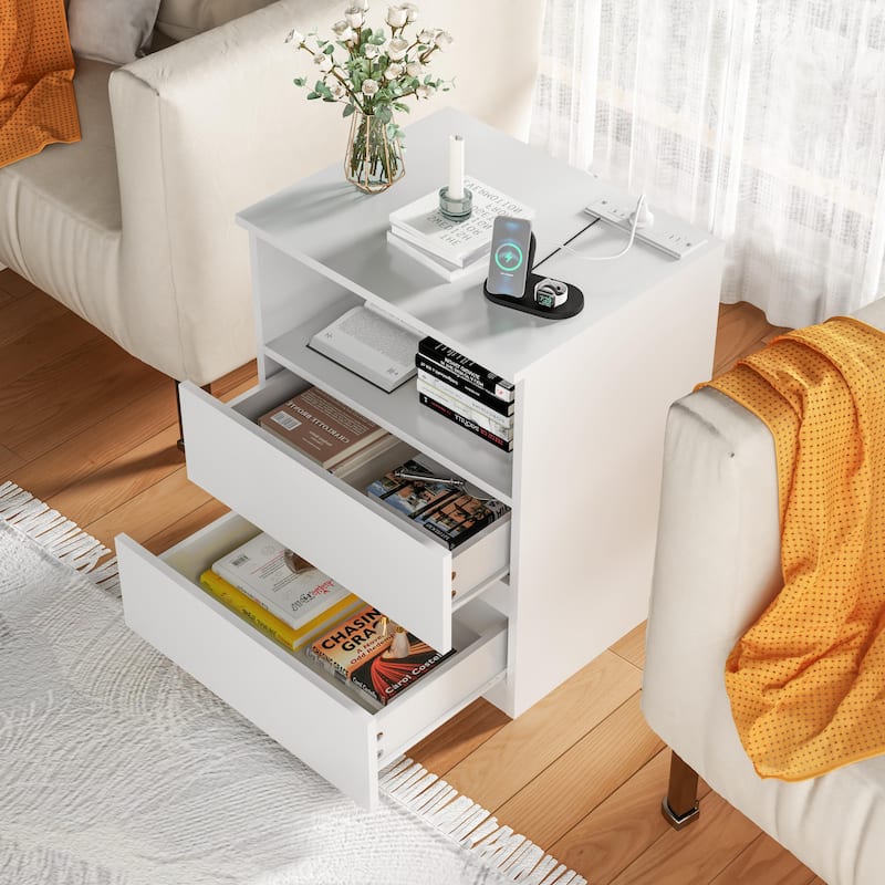 Nightstand with Charging Station, Sofa Side Table with Open Shelves & 2 Drawers, Large Capacity Wood Storage Cabinet