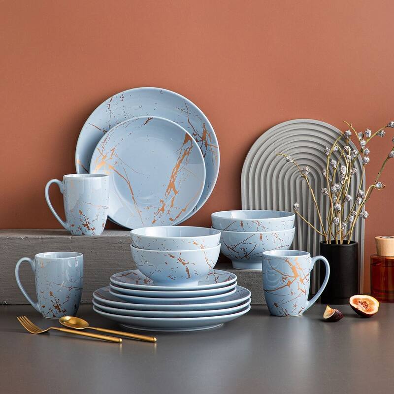 LOVECASA 16-Piece Porcelain Color Glaze with Gold Dinnerware Set