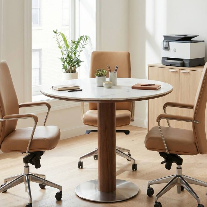 31.5 Inch Round Conference Table for 2-4, Office Meeting Table with Thicken Sintered Stone Tabletop - 31.5" Dia. x 29.53" H