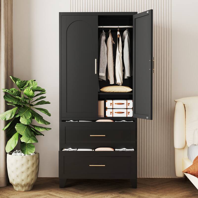 71" Metal Wardrobe Cabinet with 2 Drawers & Hanging Rod - 2-Door Closet with Shelf for Bedroom, Office, Entryway
