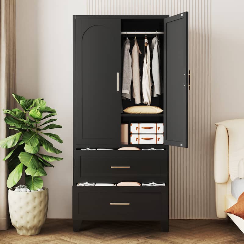 Tall Metal Wardrobe Armoire Cabinet with 2 Drawers and Hanging Rod, Black