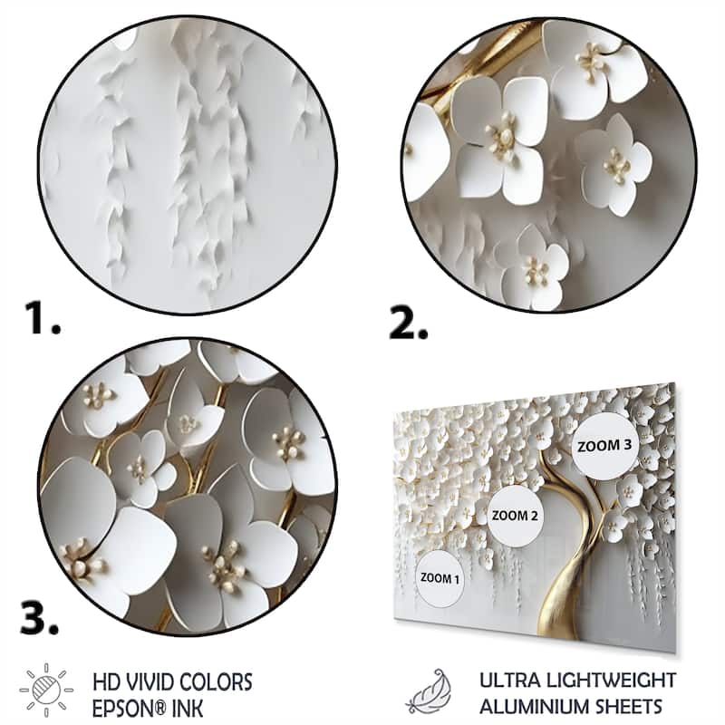 Designart "White Orchid Tree Garden Of Branches IV" Tree Floral Metal Wall Art Print On Metal
