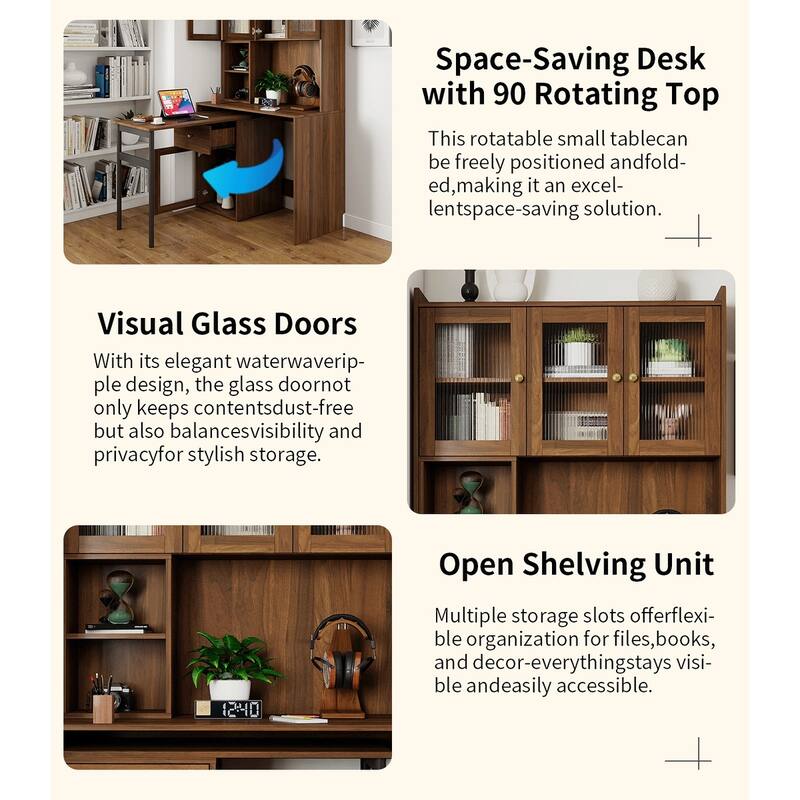 Computer Desk With Glass Door For Home Office Or Study Desk,Bookshelf & Hutch,Computer Desk With 90 Degree Rotating Desktop