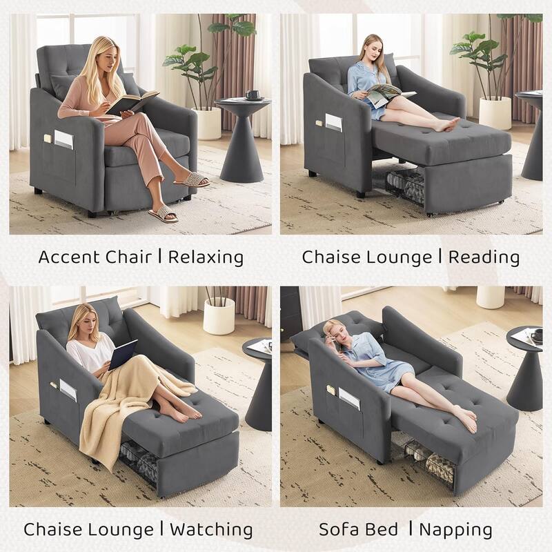Bezseller Convertible Sofa Bed Chair, 3-in-1 Sleeper Chair with Storage Drawer, Light Gray