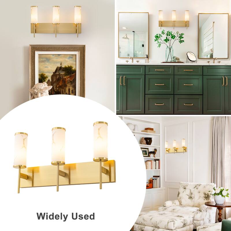 3-Light Gold Vanity Light Cylindrical Marble Crackle Glass Shades