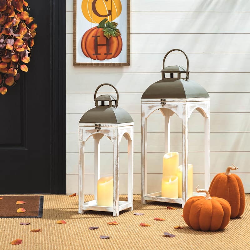 Glitzhome Set of 2 Farmhouse Church Style Hanging Candle Holders Wooden Lanterns Fall Wedding Decor - Wash White