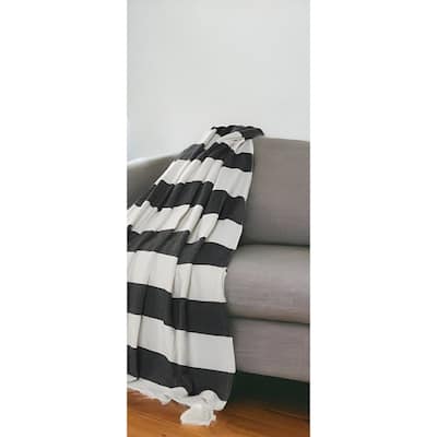 50" X 60" Gray and White Woven Cotton Striped Throw Blanket with Tassels