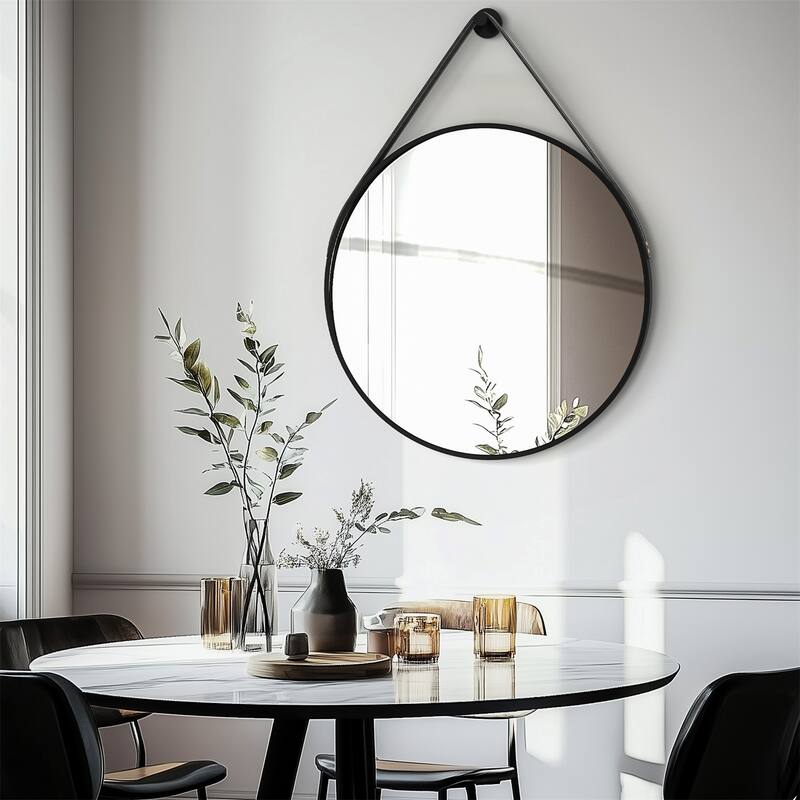 Round Wall Hanging Bathroom Vanity Mirror with Leather Strap Black Aluminum Frame - Black - 31.50" x 31.50"