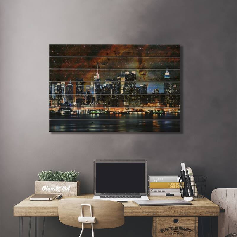 New York City, New York Nebula Skyline Print On Wood by 5by5collective - Multi-Color