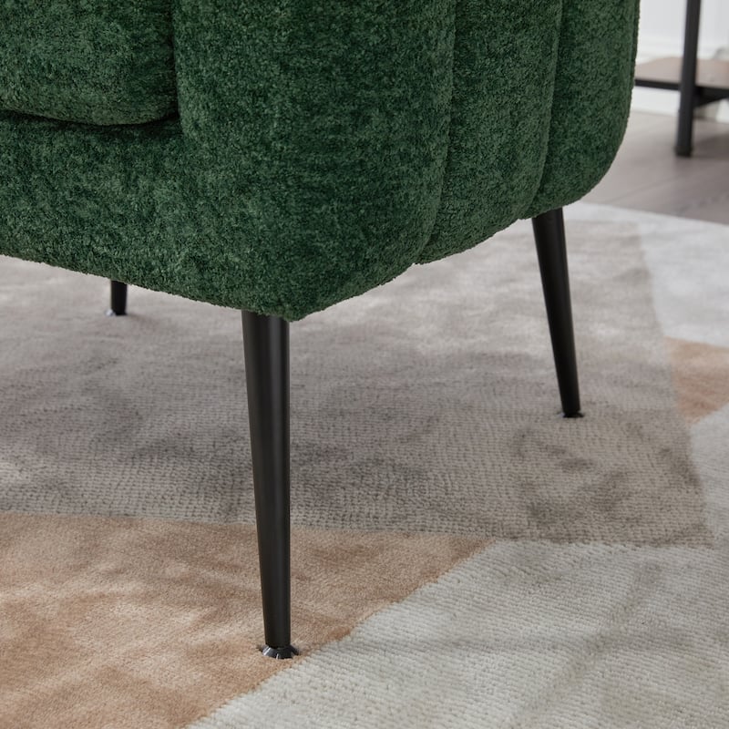 Chenille Upholstered Barrel Accent Chair, Channel Tufted Lounge Armchair, Round Reading Chair with Curved Backrest & Metal Legs