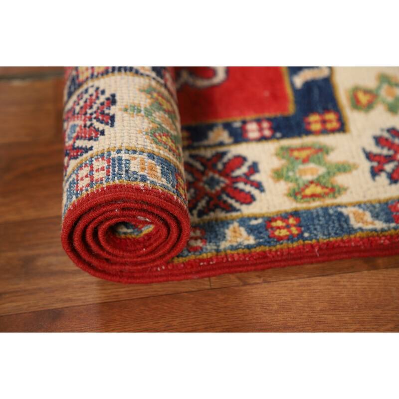 Red Geometric Kazak Foyer Rug Handmade Wool Carpet - 2'0" x 3'0"