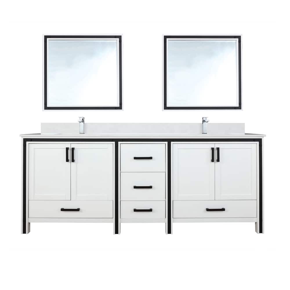 Ziva 84 in W x 22 in D White Double Bath Vanity, White Quartz Top, Faucet Set and 34 in Mirrors