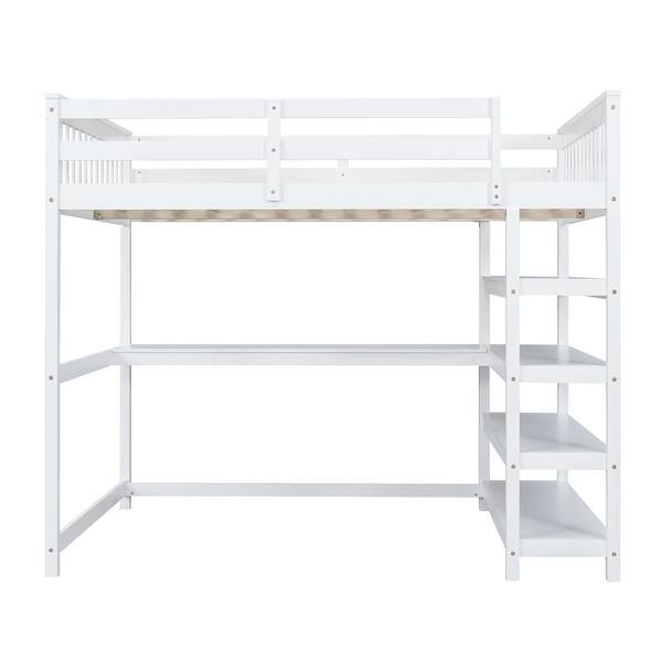 slide 2 of 11, Solid Wood White Full Size Loft Bed Frame, Bedroom Loftbed with Under-bed Desk and Storage Shelves, No Box Spring Needed White - Full