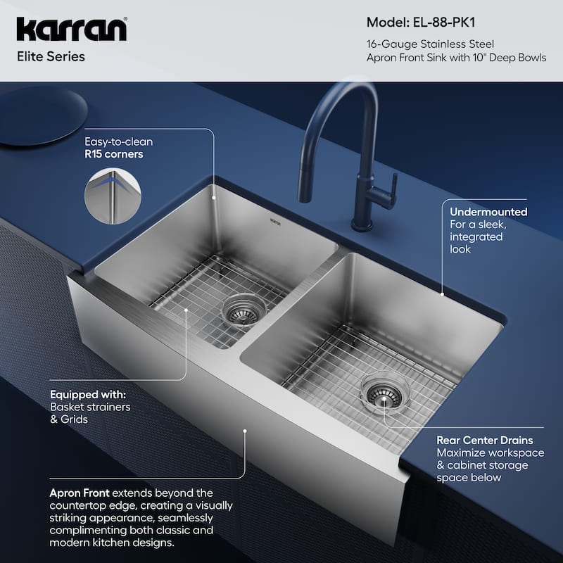 Karran Elite Apron-Front Stainless Steel 36 in. 16-Gauge Double Bowl Farmhouse Kitchen Sink Kit