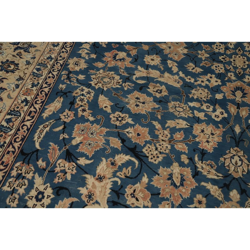 Hand Knotted Oriental 100% Wool Carpet Traditional All-Over Navy Blue & Blues Kashan Area Rug - 12' 6'' X 9' 3''