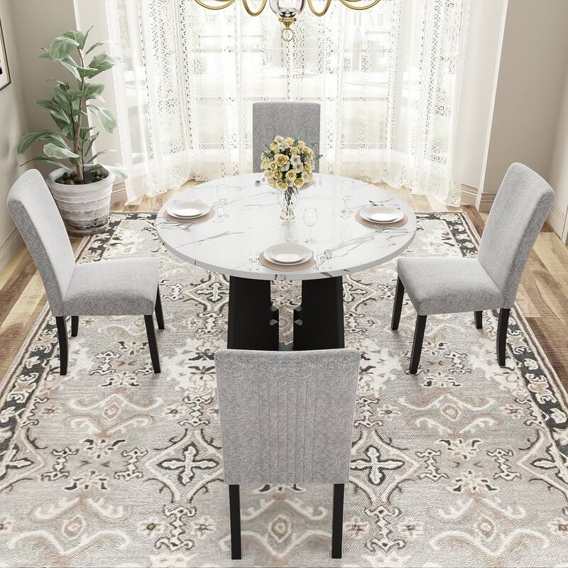 5-Piece Round Dining Table Set with Marble Veneer Table & Upholstered Chairs, Kitchen Set H-shape Legs, Adjustable Feet