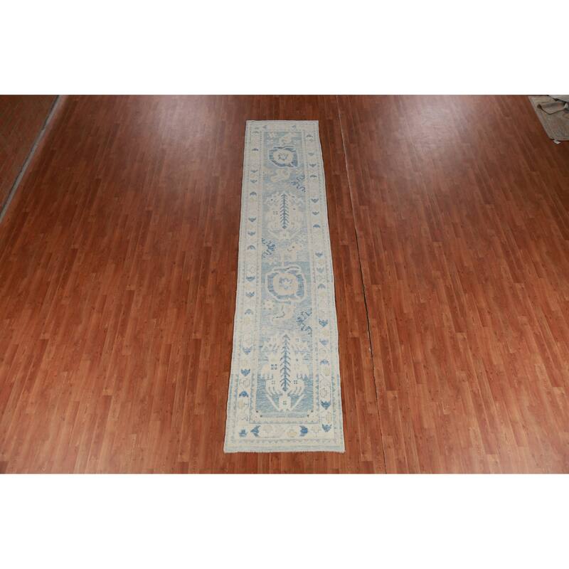 Hand Knotted Oriental 100% Wool Carpet Transitional Geometric Navy Blue & Blues Oushak Runner Rug - 12' 10'' X 3' 0''