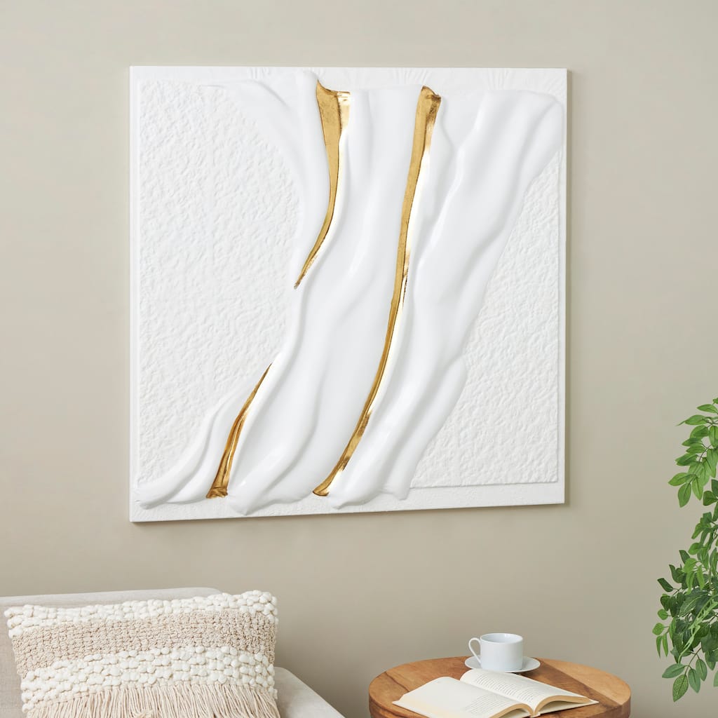 White Metal Dimensional Textured Wavy Abstract Home Wall Decor with Curved Gold Accents