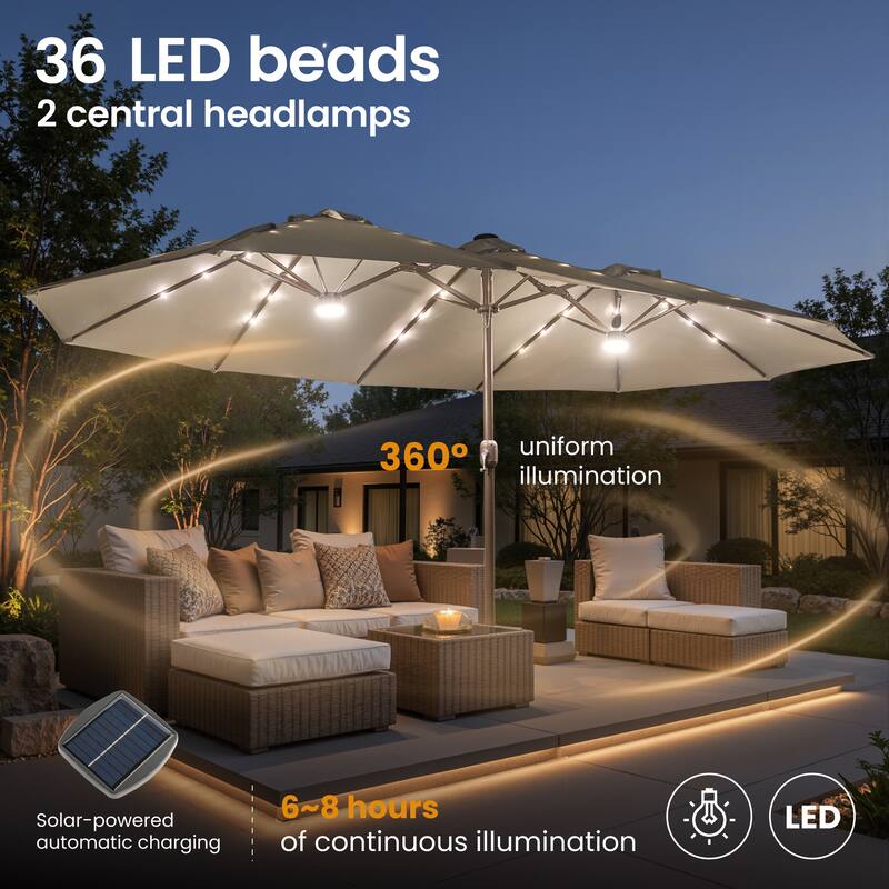 ​OVIOS 15ft Double-Sided Patio Outdoor Umbrella with Crank & Light