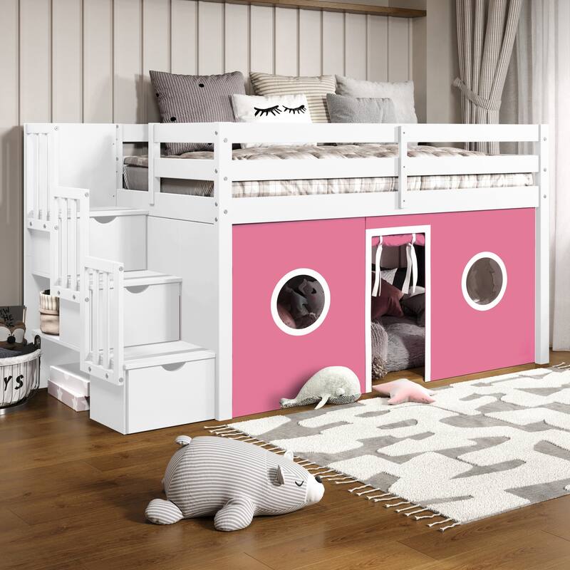 Taylor & Olive Trillium Low Loft Twin Bed with 3 Step-Stairway - Loft Bed with Stairs - White with Pink & Blue Tent