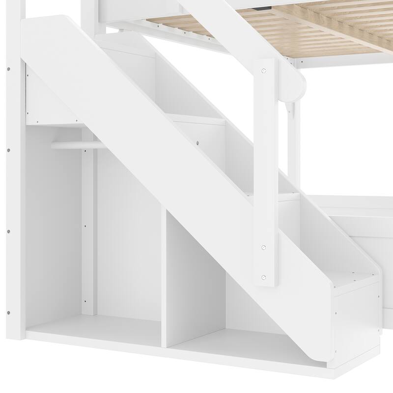 Full Size Loft Bed with Built-in Wardrobe and Storage Space, Solid Wood Loft Bed with Beside Shelves