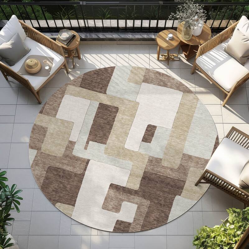 Machine Washable Indoor/ Outdoor Contempoary Blocks Chantille Rug - Brown - 8' x 8'