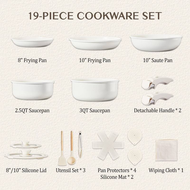 19 Pcs Nonstick Pots And Pans Set Cast Aluminum Cookware Set With Detachable Handles