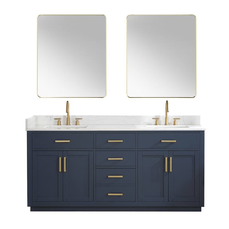 Altair Gavino Bath Vanity with Grain White Composite Stone Top and Mirror - 72 inch - Royal Blue+Brushed Gold