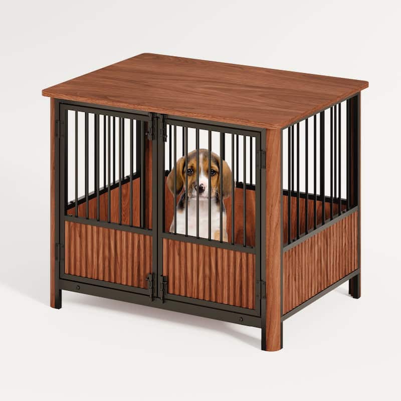 31.5'' Walnut Fluted Wood Furniture Style Dog Crate for small Medium Dogs