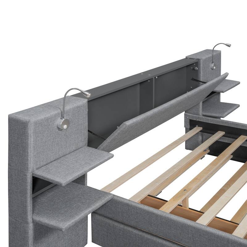 Queen Size Linen Upholstered Platform Bed with Headboard Lights and Shelves, Storage Bed Frame with Drawers and Trundle