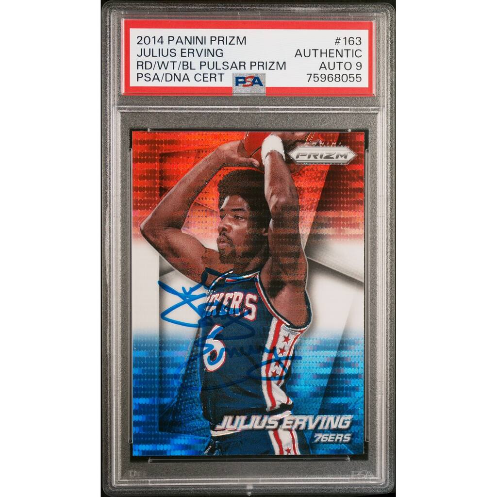 Julius Erving 2014 Panini Prizm Red White Blue Pulsar Card #163 Auto PSA 9 - 8'6" x 11'6"