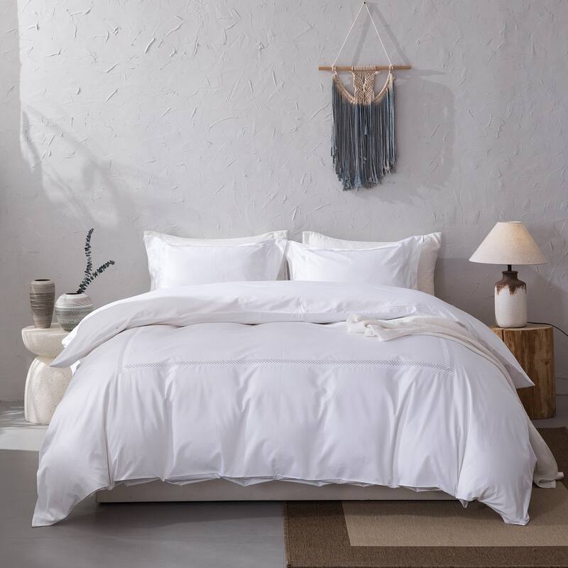 Cotton Sateen 500TC Hotel Stitch Duvet Cover Set, Herringbone Pattern - White - Twin