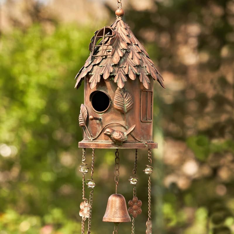 Antique Copper Hanging Birdhouse Wind Chime "Silo"