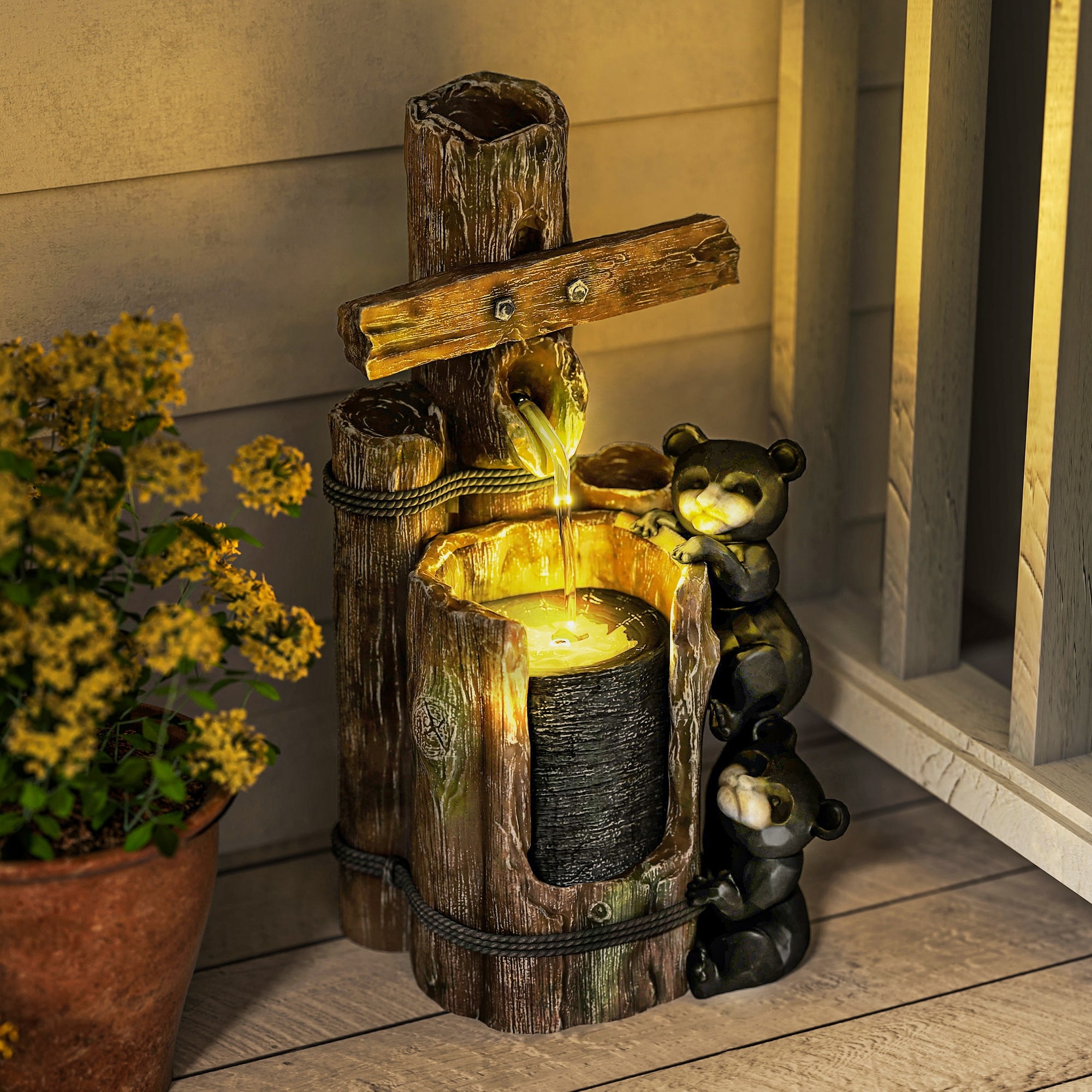 22.8" Outdoor Water Fountain, 3-Tier Floor Standing Resin Bears on Log Waterfall Fountain with LED Lights, Pump