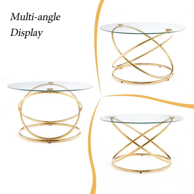 Tempered Glass Top Round Coffee Table with Metal Base - 31.5"Dia Top x 17.7"H x 23.6"Dia Base