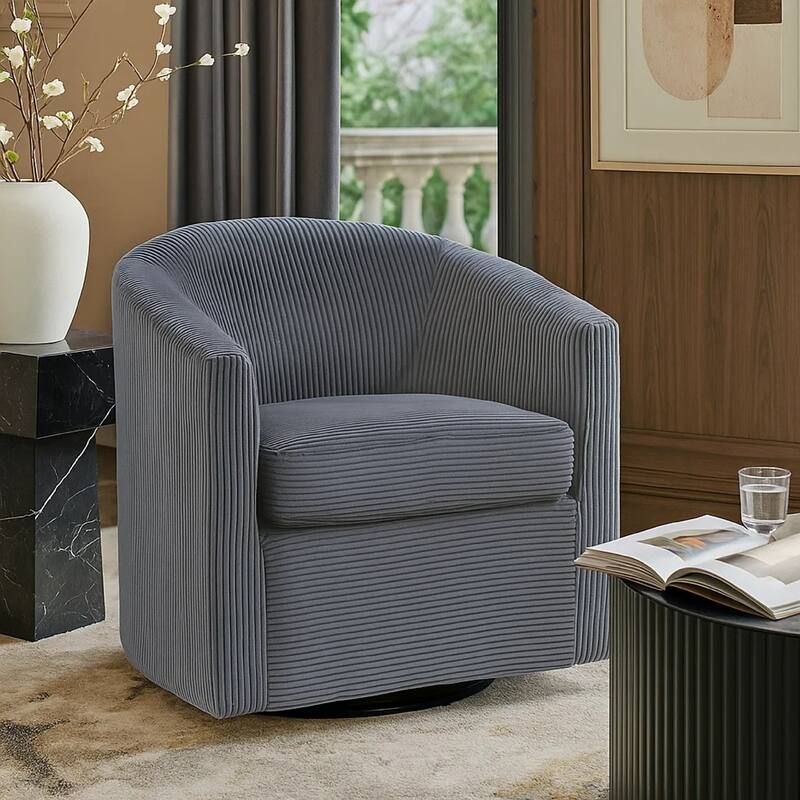 Celina Swivel Chair with Barrel Style Curved Back, Dark Gray Corduroy