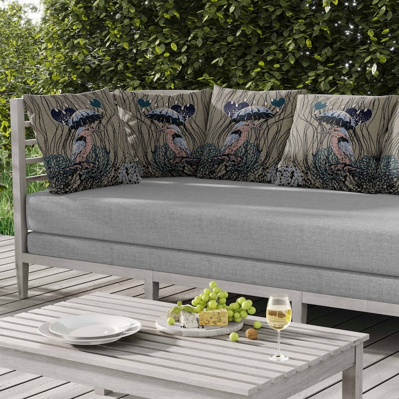 Bird with Umbrella Indoor/Outdoor Reversible Throw Pillow Grayish and Yellow