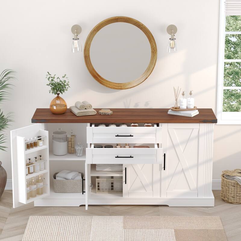 Farmhouse Storage Cabinet Buffet Sideboard with Barn Doors, 2 Drawers, Adjustable Shelves & Door Racks, Coffee Bar Console