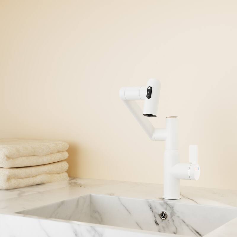 Single Handle 360° Swivel Bathroom Sink Faucet with Spray Function and Temperature Display, Anti Corrosion and Anti Rust - White