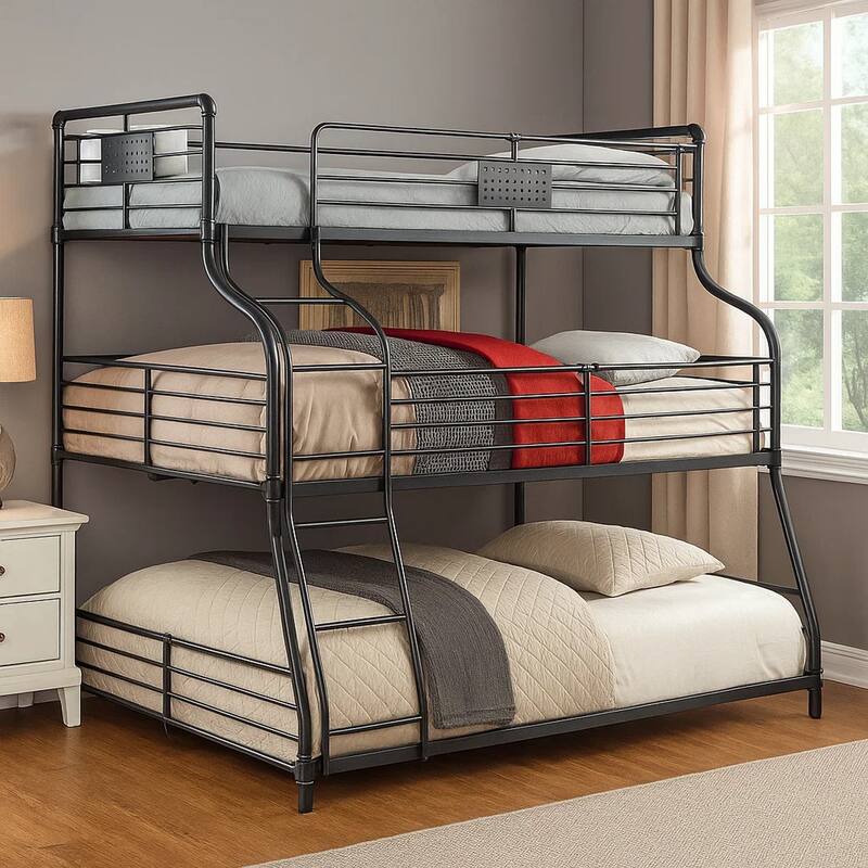 Oggy 3 Tier Twin over Full over Queen Triple Bunk Bed, Black Metal
