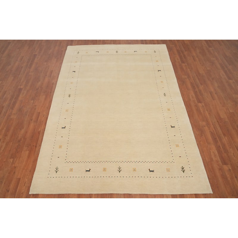Hand Knotted Oriental 100% Wool Carpet Tribal Animal Pictorial Beige & Ivories Gabbeh Area Rug - 9' 9'' X 6' 7''