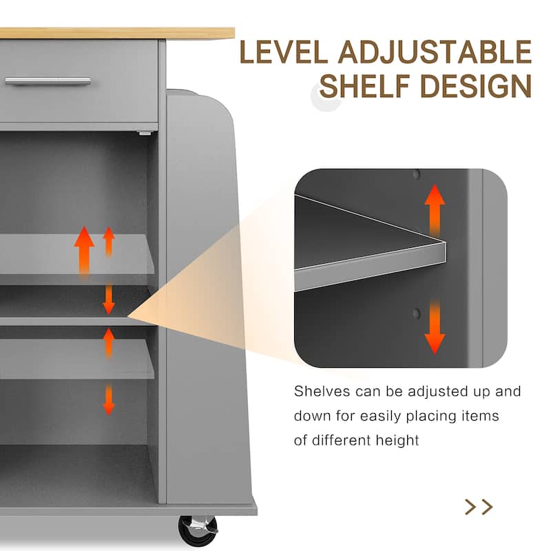 Rolling Kitchen Island with Storage Cabinet & Spice Rack & Drawer – Rubber Wood Top