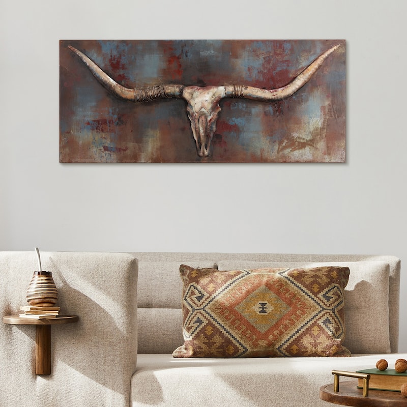 "Long Horn" Mixed Media Iron Hand Painted Dimensional Wall Art Sculpture