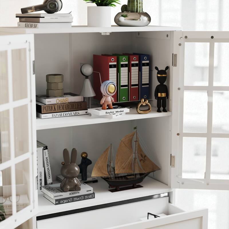 Modern Wooden Buffet Cabinet with Double Glass Doors & Drawer, Storage Sideboard for Dining Room & Entryway