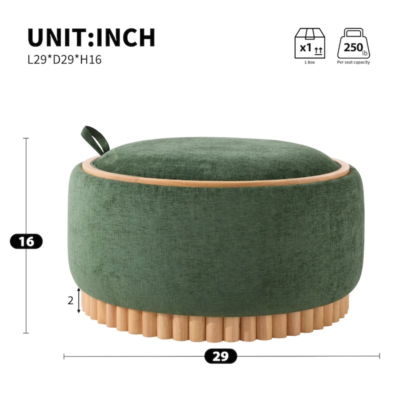 Roomfitters 29 Inch Round Storage Ottoman with Reversible Wooden Tray Top, Upholstered Coffee Table for Living Room
