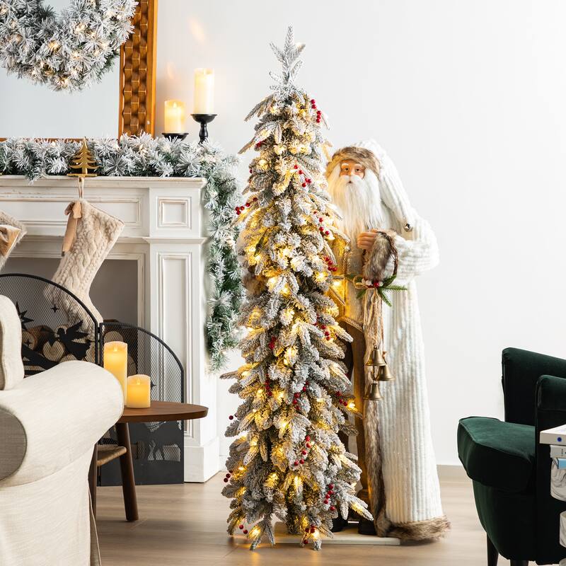 Glitzhome 4ft Oversized Woodland Santa with 5ft Pre-Lit Flocked Artificial Christmas Tree