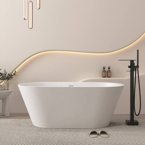 59" Oval Freestanding Acrylic Soaking Bathtub with Pop-up Drain and Slotted Overflow