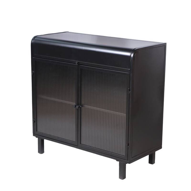 Kitchen Pantry with Tempered Figured Glass Doors, Buffet Cabinet with Flip Top and Shelves, Storage Cabinet with Metal Frame
