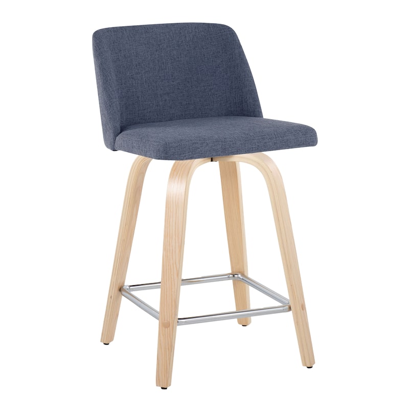 Carson Carrington Vallberga 24" Counter Stool with Natural Wood Base (Set of 2) - Blue Fabric/Square Chrome Footrest