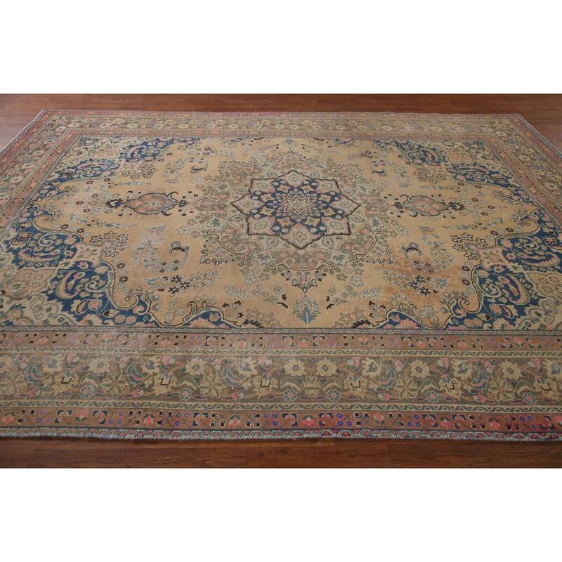 Vintage Distressed Mashad Persian Area Rug Hand-knotted Wool Carpet - 7'11" x 11'1"
